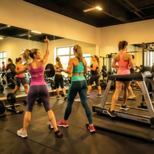 Femme en train de faire des squats dans une salle de sport moderne, avec un haltère sur l'épaule