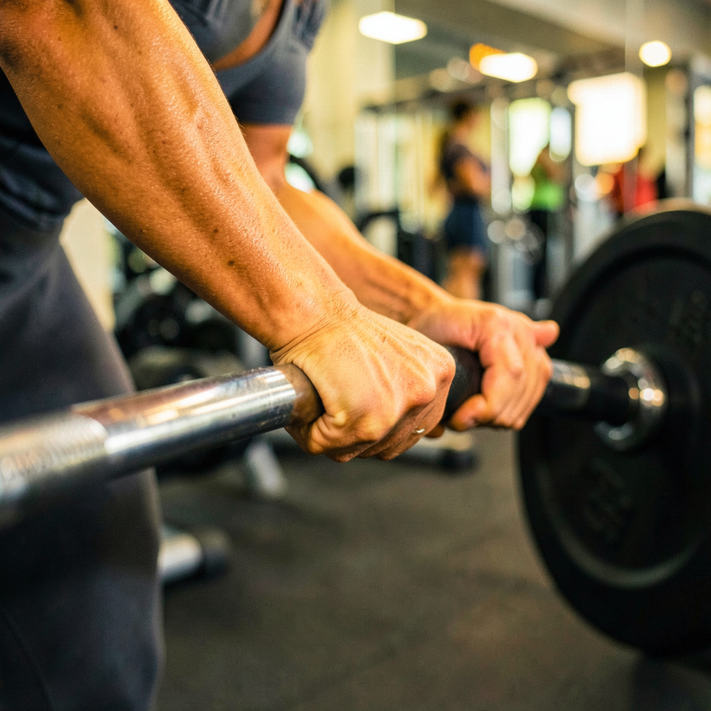 Personne en tenue de sport tenant une barre de musculation, démontrant un exercice de base en salle de sport