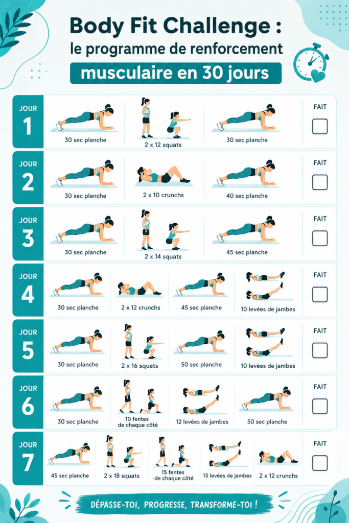 Femme en train de faire des exercices de renforcement musculaire à la maison pour le Body Fit Challenge.