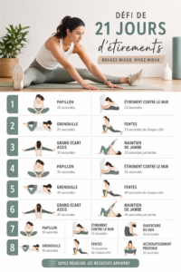 Femme réalisant un stretching en extérieur pour un défi de 21 jours.