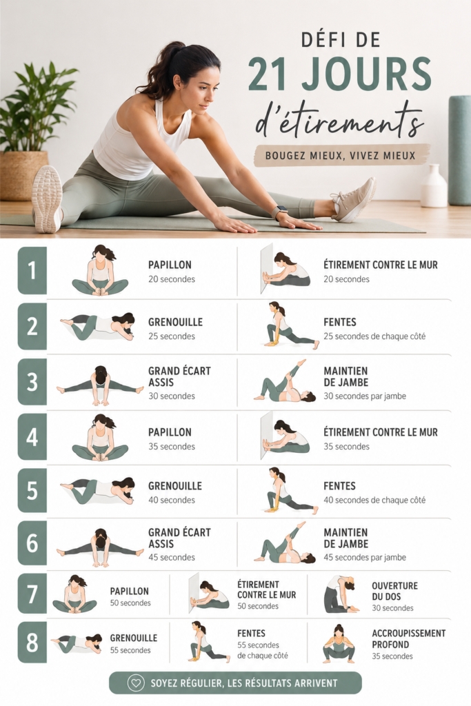 Femme réalisant un stretching en extérieur pour un défi de 21 jours.