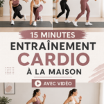 Femme faisant un entraînement cardio à la maison, souriante et motivée.