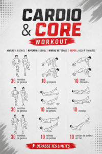 Femme engagée dans une séance d'entraînement cardio et core à la maison.