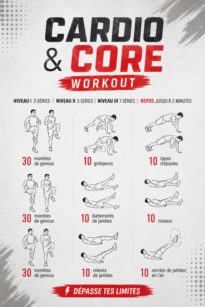 Femme engagée dans une séance d'entraînement cardio et core à la maison.