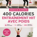 Femme en plein entraînement HIIT avec poids, se préparant à brûler 400 calories