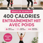 Femme en plein entraînement HIIT avec poids, se préparant à brûler 400 calories