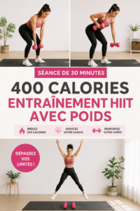 Femme en plein entraînement HIIT avec poids, se préparant à brûler 400 calories