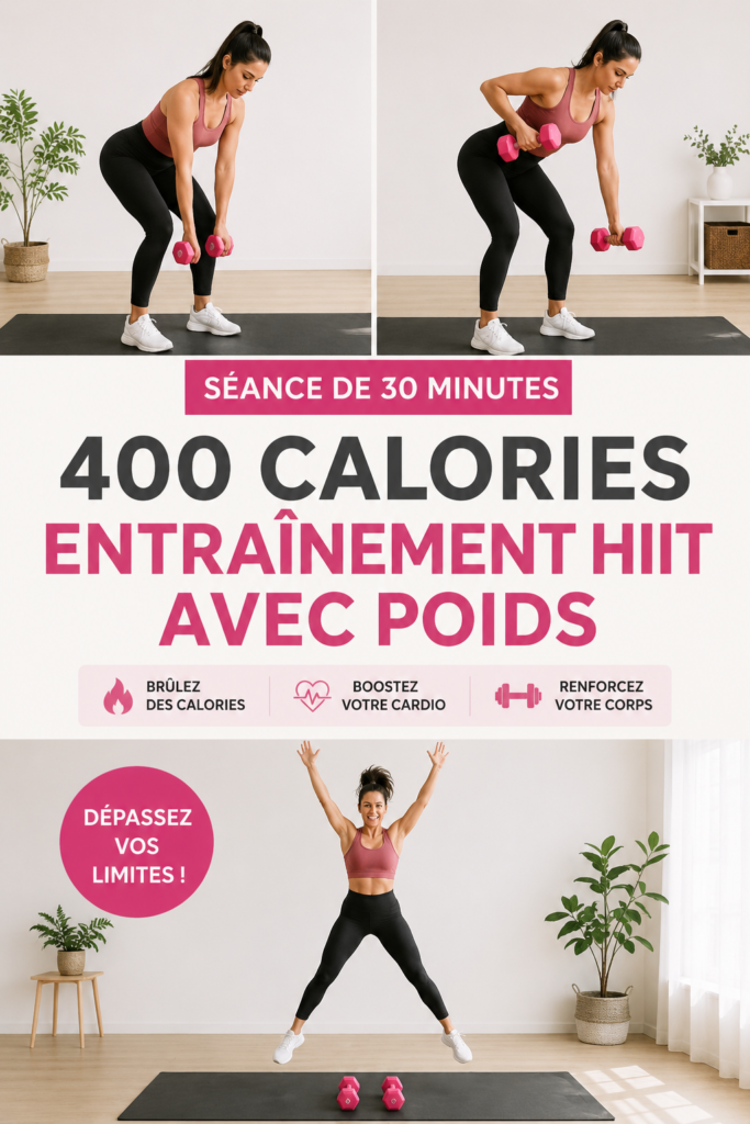 Femme en plein entraînement HIIT avec poids, se préparant à brûler 400 calories