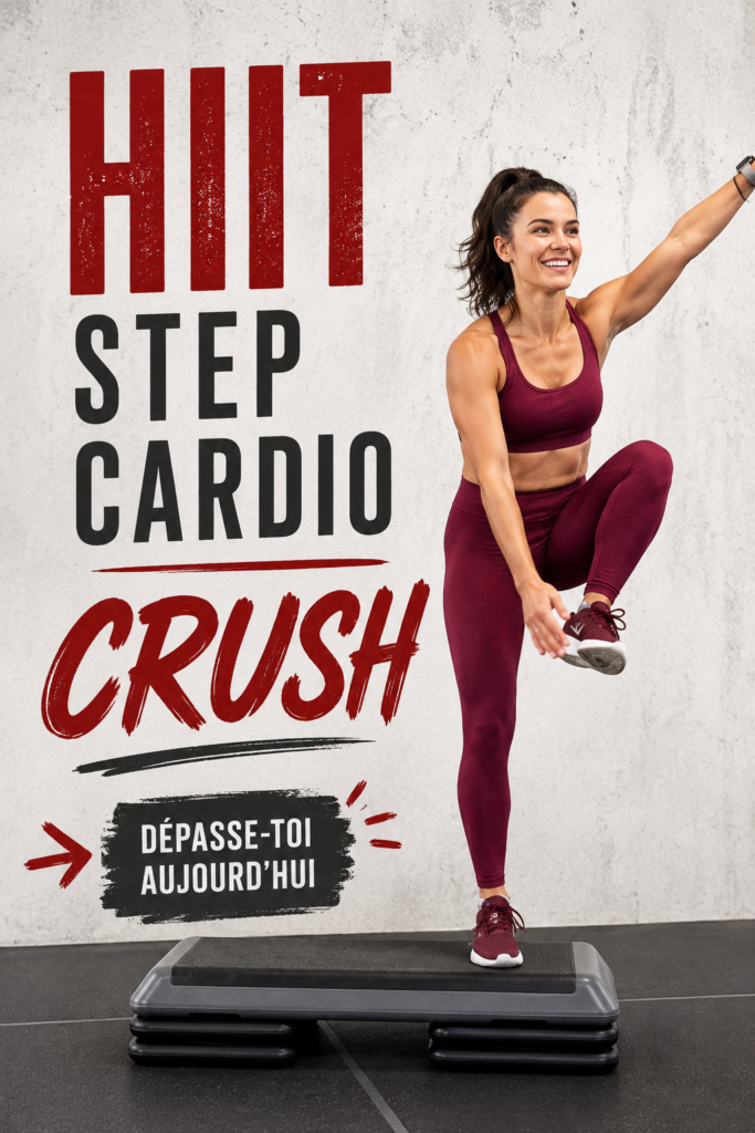 Femme en pleine séance de HIIT, en train de faire des exercices de cardio à haute intensité dans son salon.