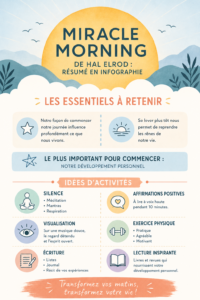 Infographie illustrant le Miracle Morning de Hal Elrod avec ses rituels pratiques.