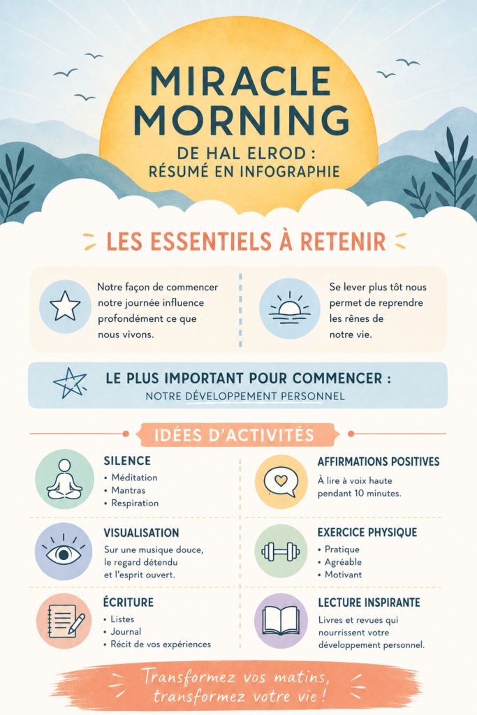 Infographie illustrant le Miracle Morning de Hal Elrod avec ses rituels pratiques.