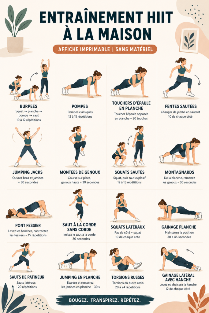 Femme en train de faire un exercice HIIT à la maison sans équipement