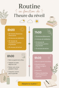 Femme heureuse suivant une routine matinale apaisante.