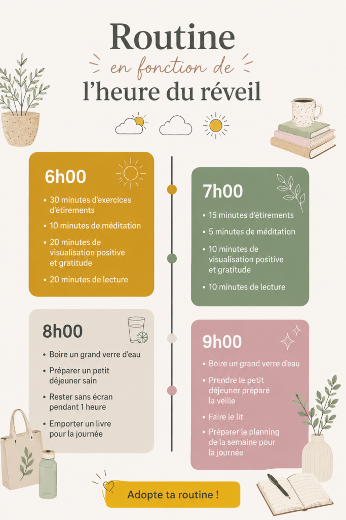 Femme heureuse suivant une routine matinale apaisante.