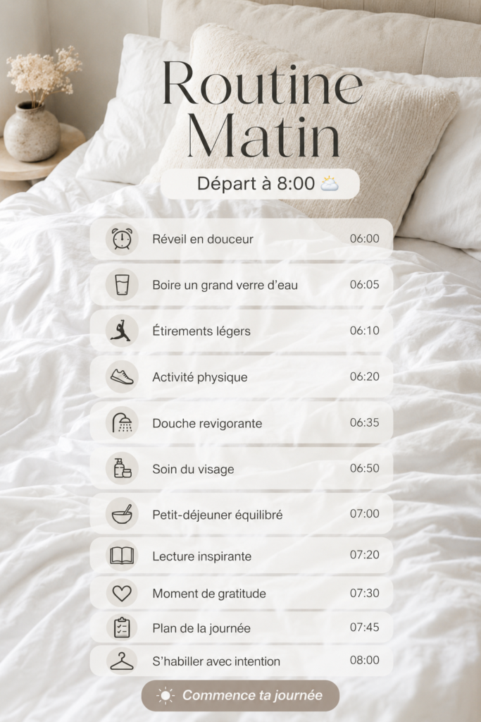 Femme se préparant le matin avec une tasse de café et un agenda