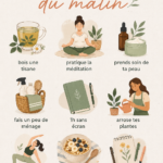 Femme souriante en train de profiter d'une routine matinale relaxante avec une tasse de thé