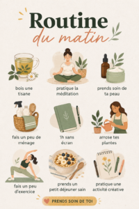 Femme souriante en train de profiter d'une routine matinale relaxante avec une tasse de thé