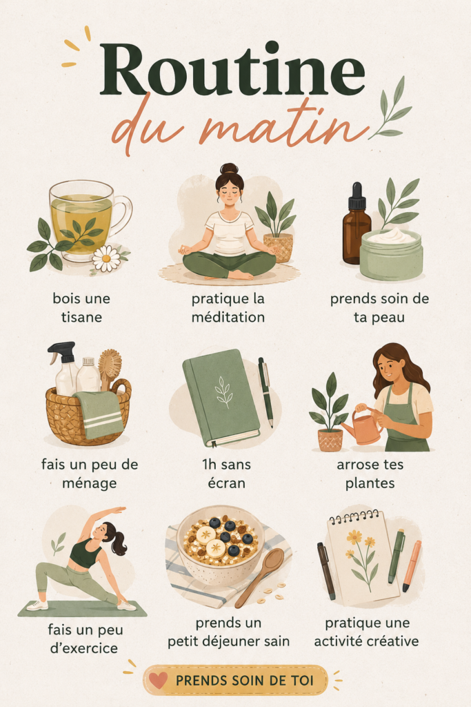 Femme souriante en train de profiter d'une routine matinale relaxante avec une tasse de thé