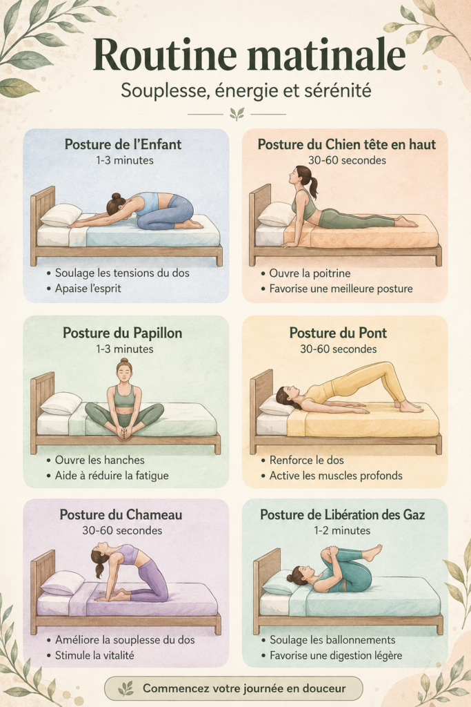 Une femme souriante se lève le matin, rayonnante de sérénité et d'énergie, préparant sa routine matinale.