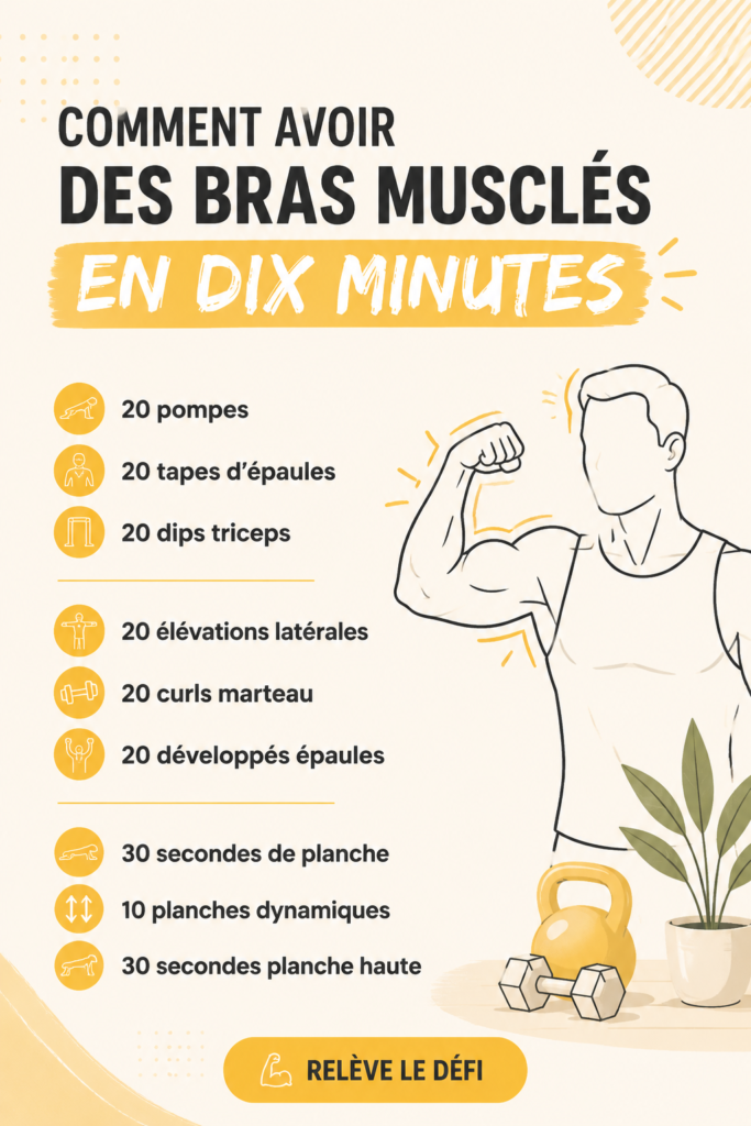 Femme souriante en train de faire des exercices pour muscler ses bras à la maison.