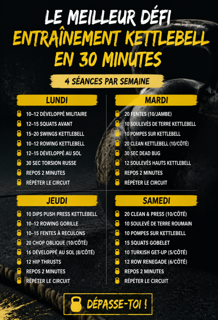 Femme active effectuant un entraînement avec kettlebell de 30 minutes.