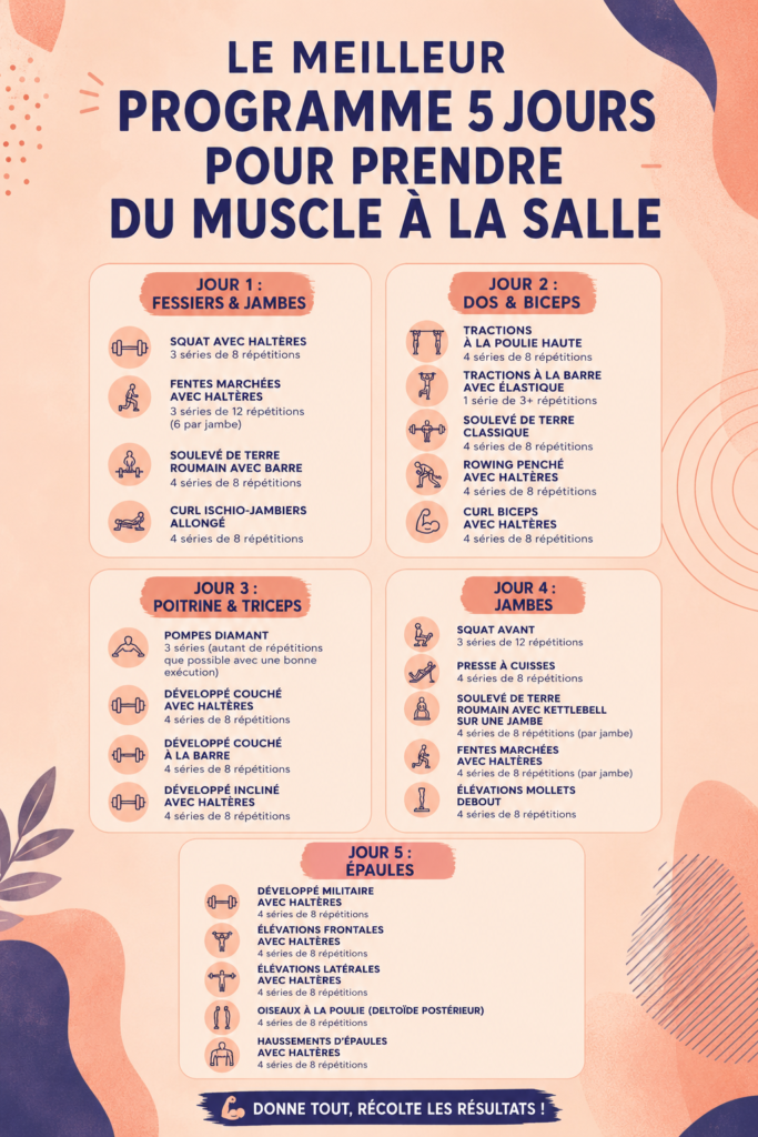 Femme s'entraînant à la gym avec des poids pour un programme de musculation de 5 jours