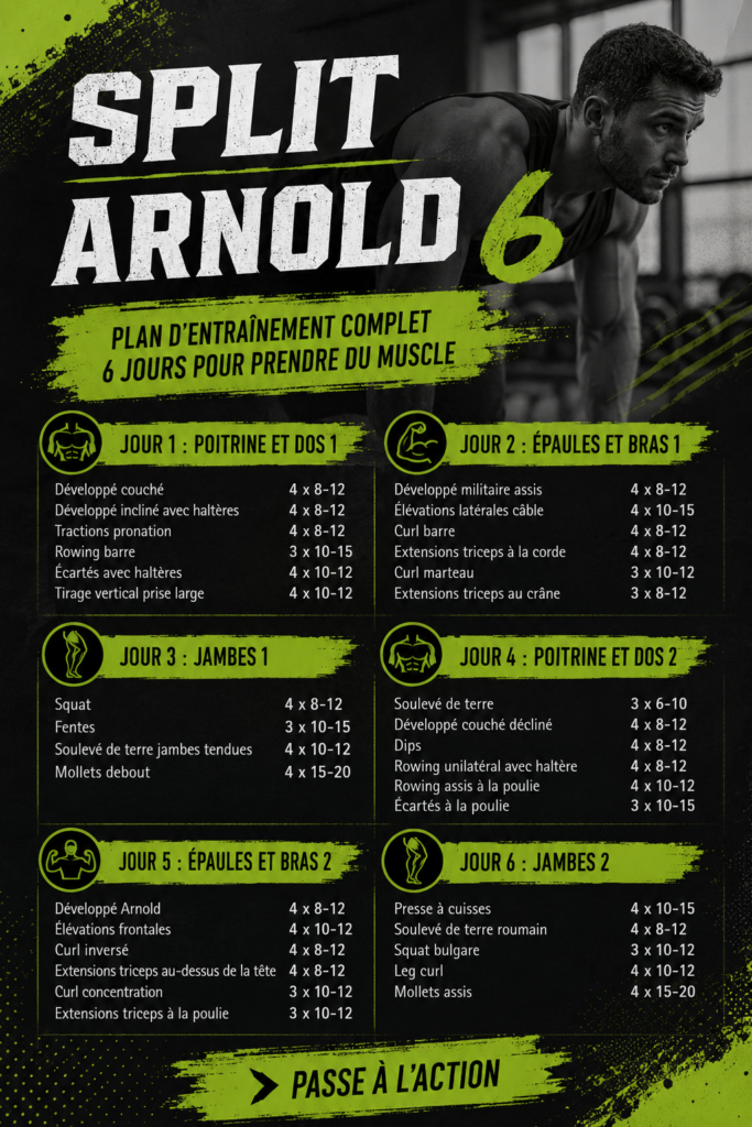 Image d'un entraîneur montrant des exercices de musculation inspirés d'Arnold Schwarzenegger.