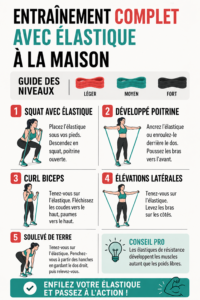 Femme exécutant un entraînement complet avec une bande de résistance à la maison.