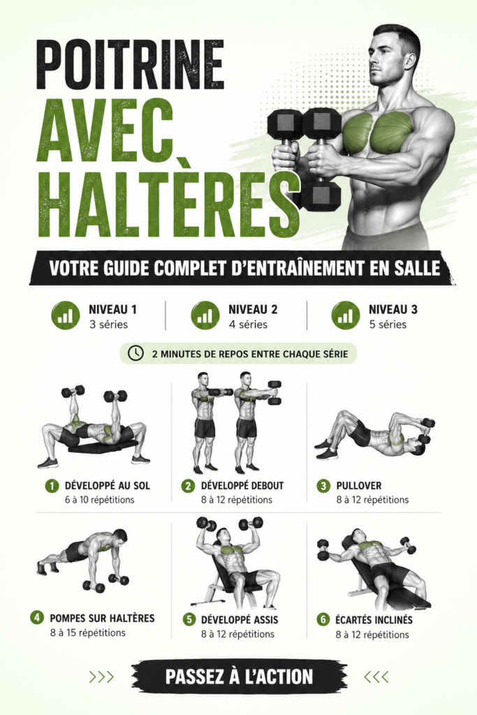 Femme faisant des exercices de pectoraux avec haltères chez elle