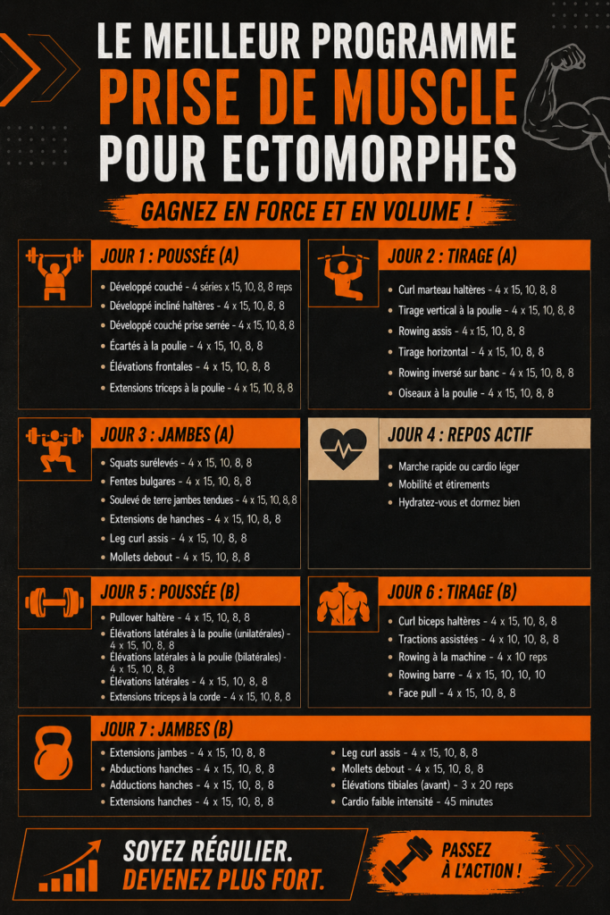 Entraînement musculaire pour ectomorphes avec exercices adaptés.