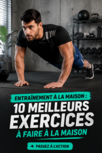 Femme faisant des exercices à domicile, entourée de matériel de fitness.