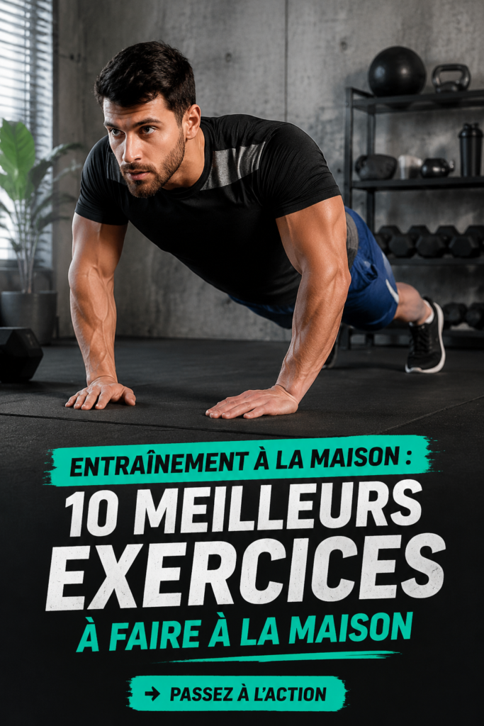 Femme faisant des exercices à domicile, entourée de matériel de fitness.