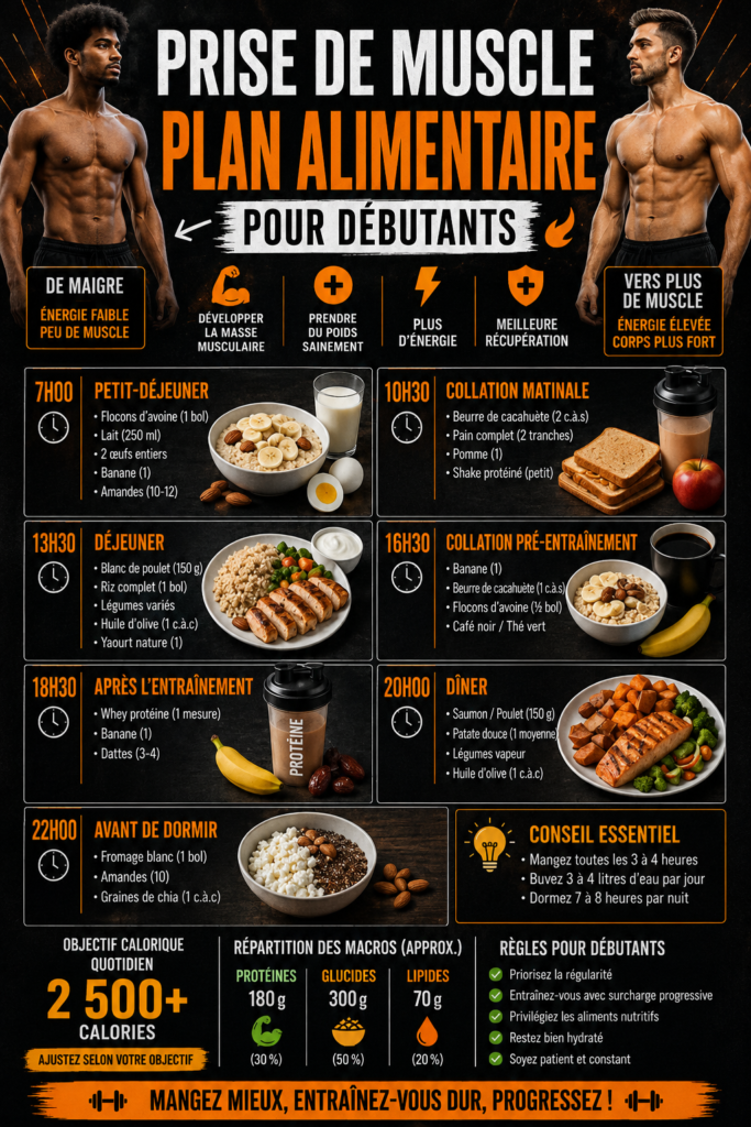 Un plan de repas coloré avec des aliments riches en protéines pour gagner du muscle.