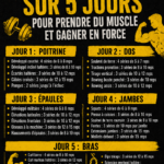 Programme de musculation hebdomadaire sur un tableau, mettant en avant une routine de 5 jours pour les femmes.