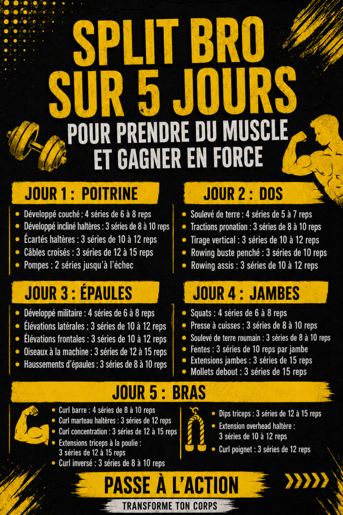 Programme de musculation hebdomadaire sur un tableau, mettant en avant une routine de 5 jours pour les femmes.