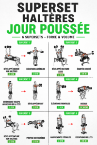 Femme s'entraînant avec des haltères, en effectuant un superset pour son push day.