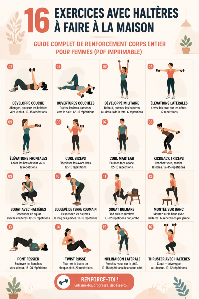 Femme faisant des exercices avec des haltères à la maison pour tonifier son corps.