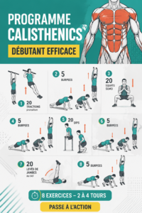Femme s'exerçant au calisthenics sur un tapis de gym, souriante et motivée.