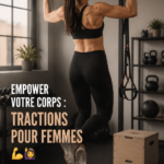 Femme effectuant un pull-up dans une salle de sport, illustrant un exercice de renforcement musculaire.