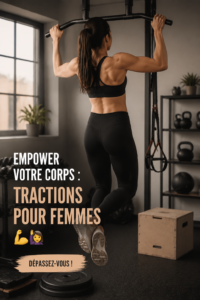 Femme effectuant un pull-up dans une salle de sport, illustrant un exercice de renforcement musculaire.