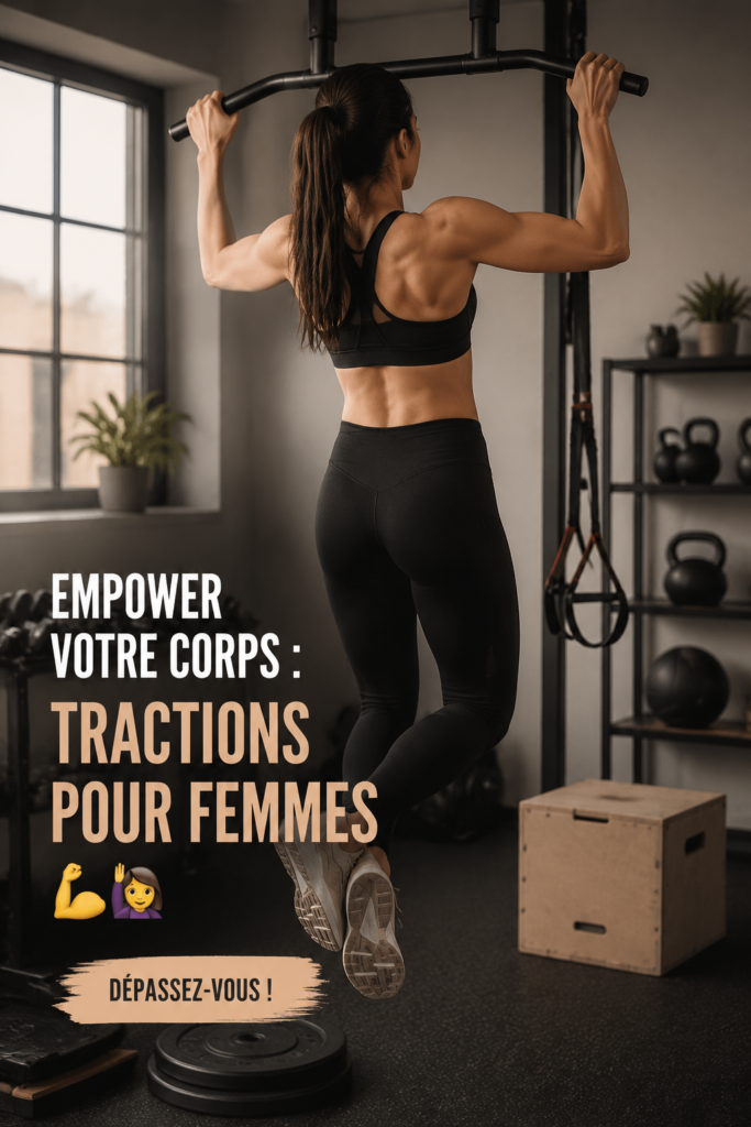 Femme effectuant un pull-up dans une salle de sport, illustrant un exercice de renforcement musculaire.