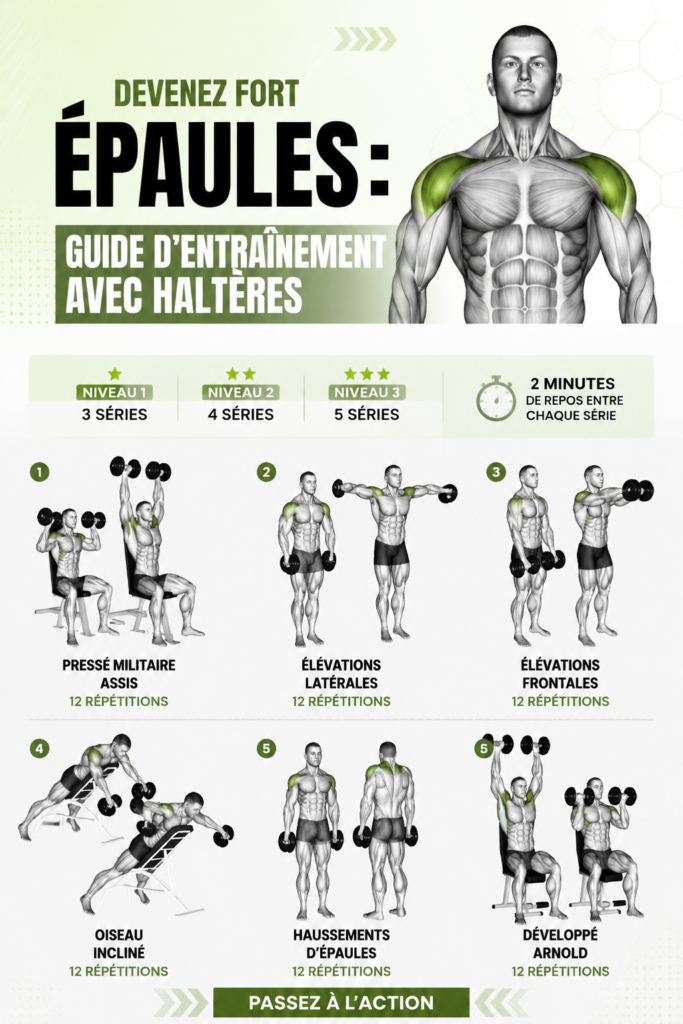 Femme réalisant des exercices pour renforcer ses épaules avec des haltères.