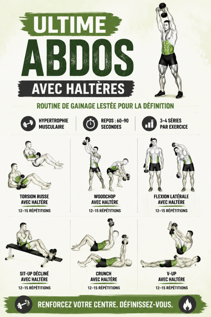 Femme souriante effectuant des exercices d'abdos avec des haltères dans un cadre de fitness