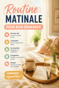 Femme heureuse qui commence sa journée avec une routine matinale saine.