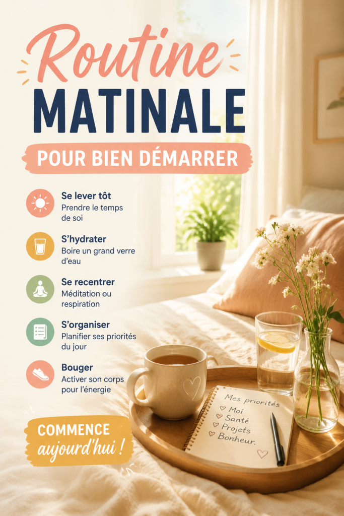 Femme heureuse qui commence sa journée avec une routine matinale saine.
