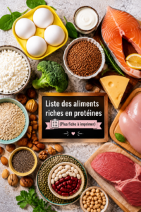 Assiette colorée avec des aliments riches en protéines tels que poisson, légumineuses et tofu