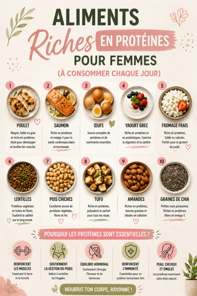 Assiette saine avec des aliments riches en protéines incluant du poulet, des lentilles et des légumes.