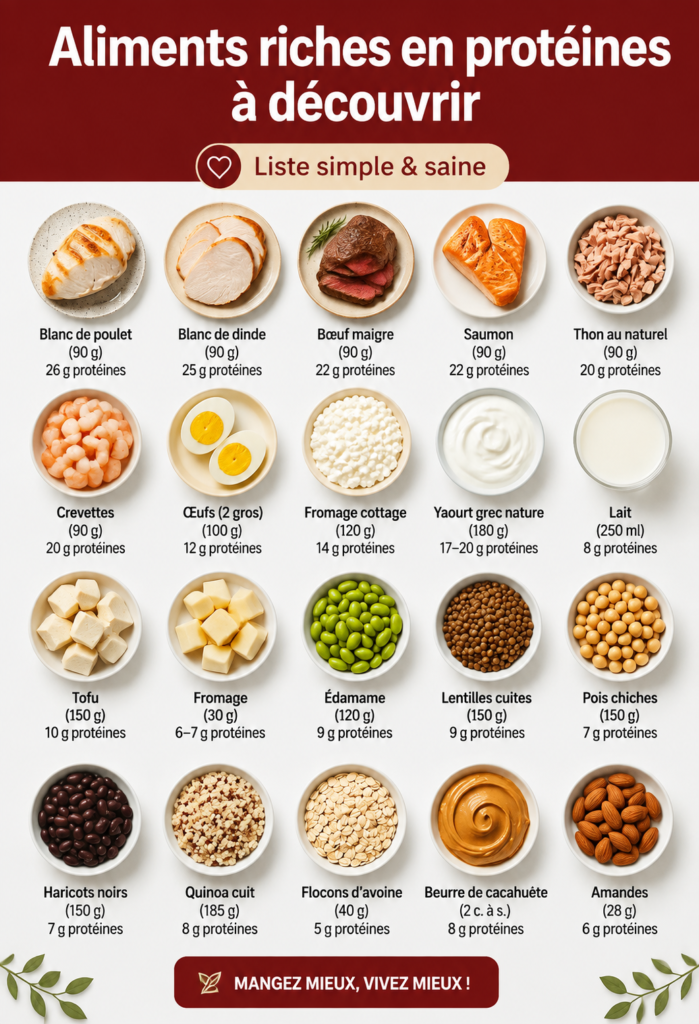 Assortiment d'aliments riches en protéines, incluant viande, légumineuses et produits laitiers.