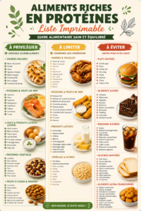 Tableau d'aliments riches en protéines et faibles en glucides dans un cadre de cuisine moderne