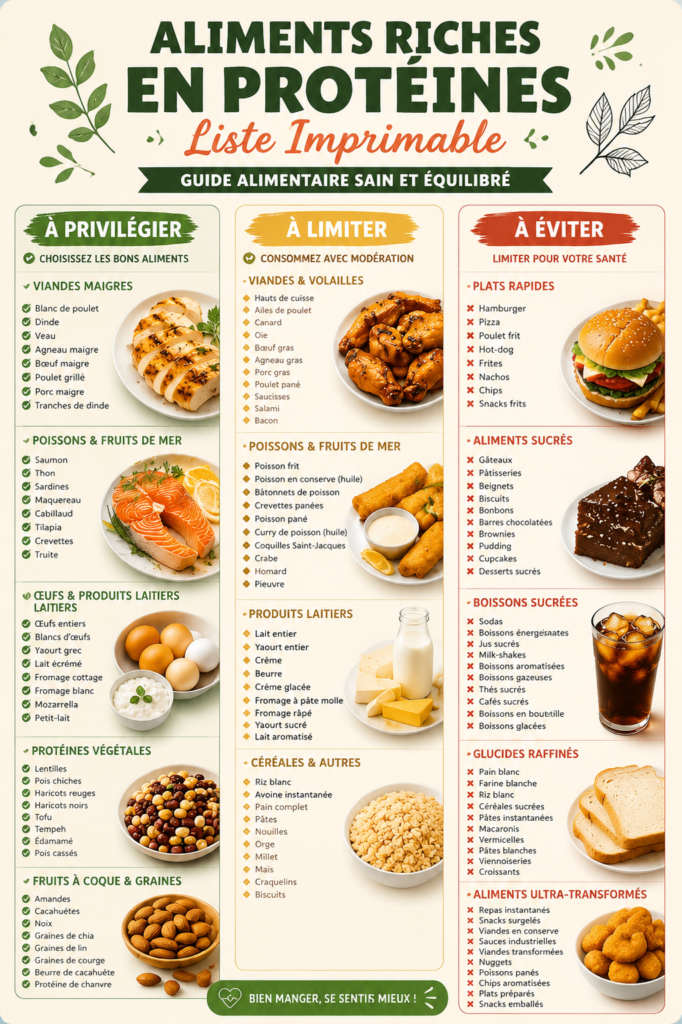 Tableau d'aliments riches en protéines et faibles en glucides dans un cadre de cuisine moderne